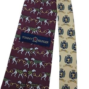 Vtg 90s Tommy Hilfiger Silk Tie Burgundy Hunting Dog Equestrian Crest USA Made